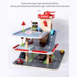 Mainan Parkir Mobil Kayu Edukatif 3 Tingkat Anak – Wooden Parking Garage Montessori dengan Mobil dan Rambu Lalu Lintas