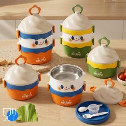 Bento Box Susun Stainless Steel, Kotak Bekal Makan Karakter Lucu Food Grade Lunch Box dengan Sendok Garpu & Kotak Saus