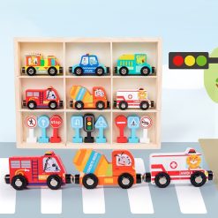 Mainan Kendaraan Kayu Edukatif Set Mobil dan Rambu Lalu Lintas Anak Montessori