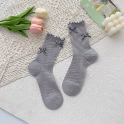 Kaos Kaki Panjang Renda Pita Wanita Korea Jepang Knit Salur, Kaos Kaki Pita Kecil Warna Warni