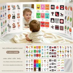 Papan edukasi lipat dengan berbagai gambar dan pola untuk stimulasi visual serta pengenalan objek pada bayi dan anak usia dini.