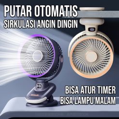 Kipas Angin Portabel Jepit dan Meja Tampilan Digital Baterai Senyap 18dB Timer Lampu Malam